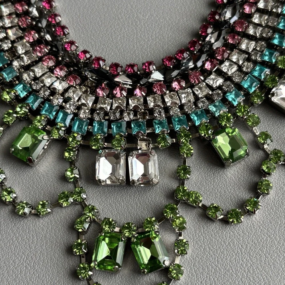 Vintage Juicy Couture Pink Green Rhinestone Statement Bib Necklace 15